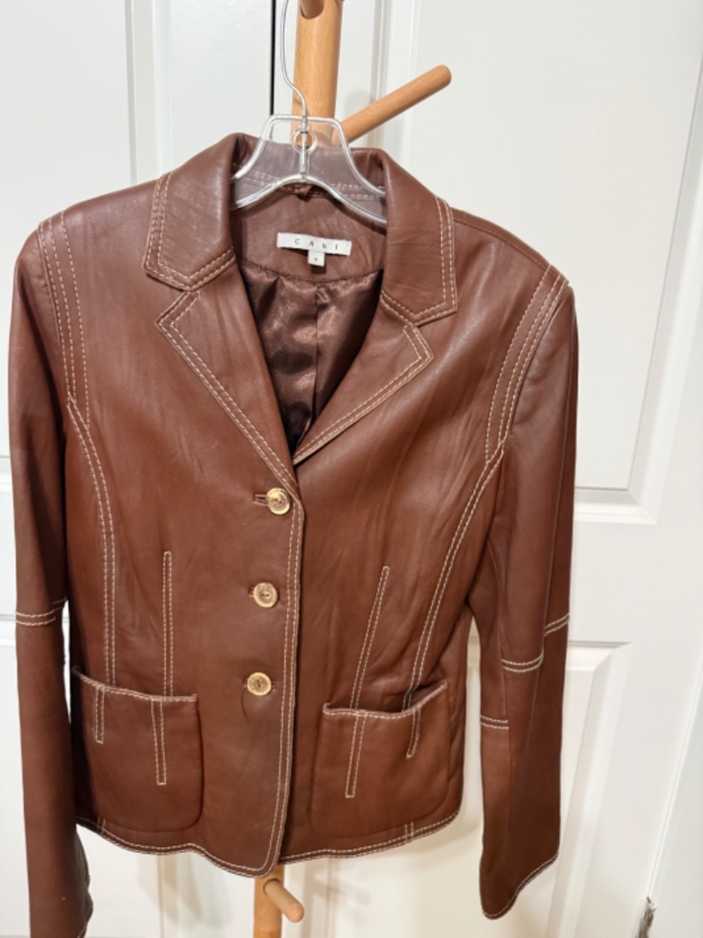 CAbi Brown Genuine Leather Blazer Jacket Size 8 Contrast Stitching 100% Leather